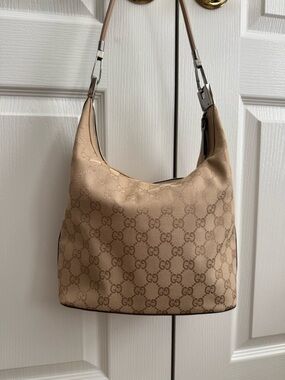 Gucci Beige Vintage Jackie Monogram  Shoulder Bag with Silver-Tone Hardware